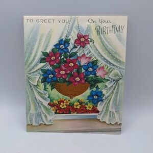 Vintage Hallmark Birthday‎ Card Flowers Window Curtains Sentimental Greeting